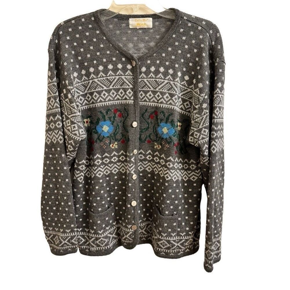 Tally-Ho Acrylic Fair Isle Floral Cardigan Sweater Button Down Vtg Size Large Co